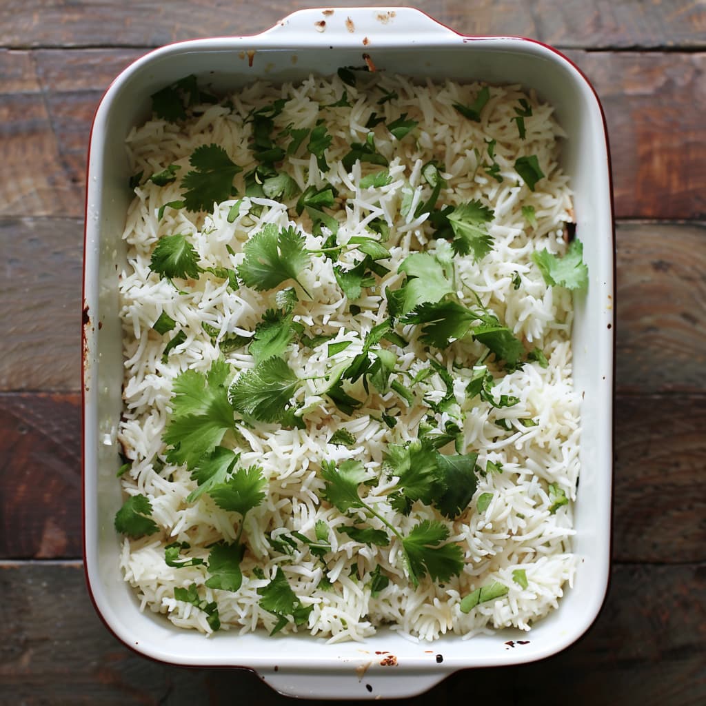 Basmati rice layered over cooked vegetables in a baking pot garnished with mint and cilantro leaves