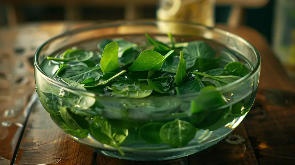 Bowl full of water and spinach leaves