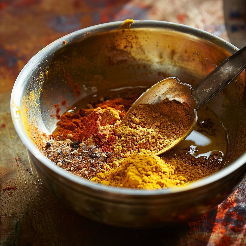 Bowl with olive oil, lemon juice, garam masala and other spices