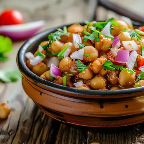 Chana Masala Served In a dish garnished with cilantro leaves, onion, tomato