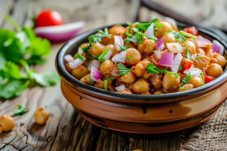 Chana Masala Served In a dish garnished with cilantro leaves, onion, tomato