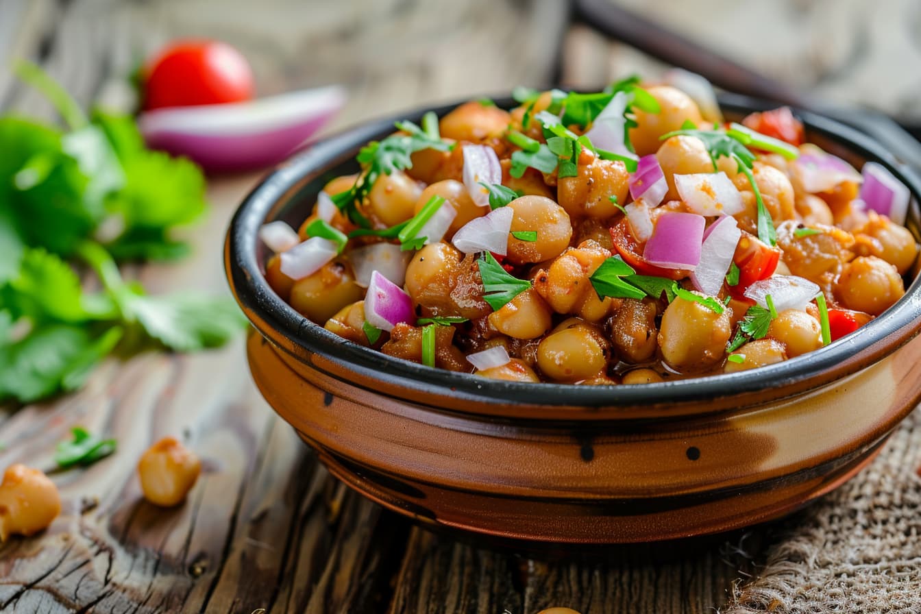 Chana Masala Served In a dish garnished with cilantro leaves, onion, tomato