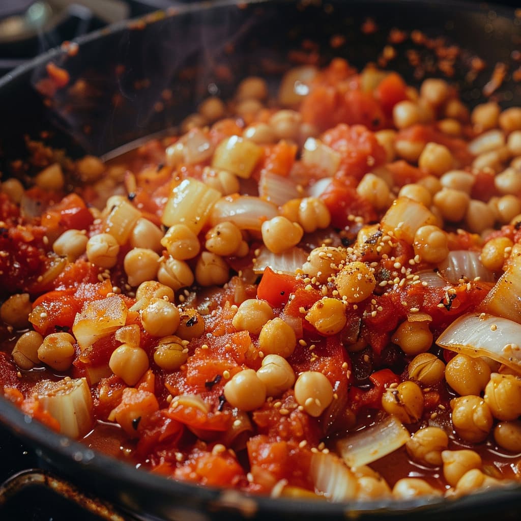 Chana Masala cooking on pan with tomato onions and chickpeas