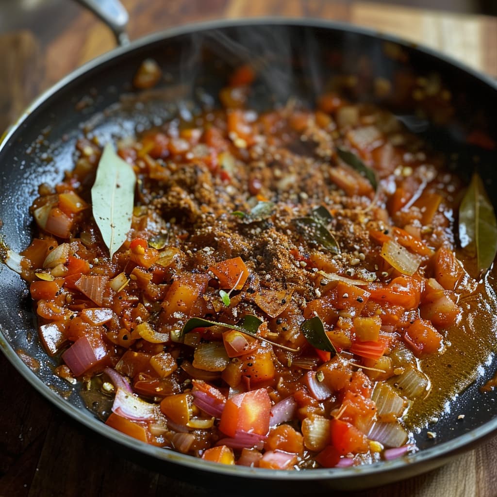 Chana Masala cooking process where onion tomato and spices are added