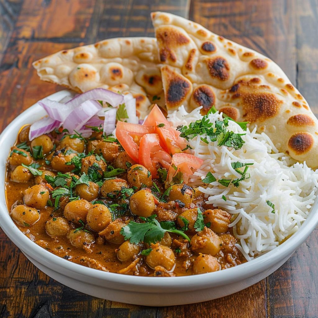 Chana Masala in a bowl with naan bread and basmati rice on a wooden table