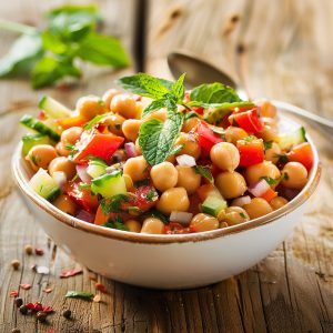 Chickpeas salad served in a white dish