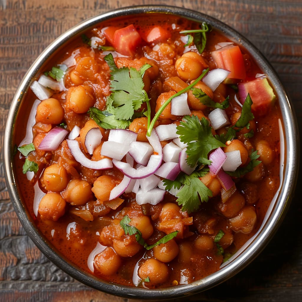 Cooked Chana Masala Dish garnished with cilantro coconut and onion