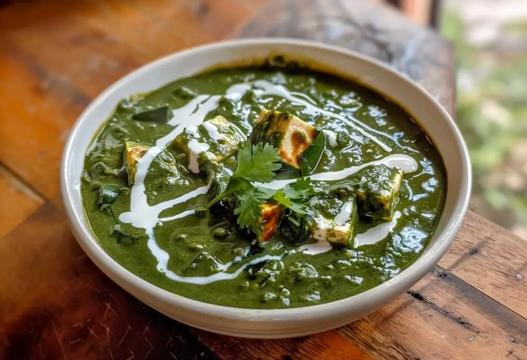 Cooked Palak Paneer Dish Served on a white bowl