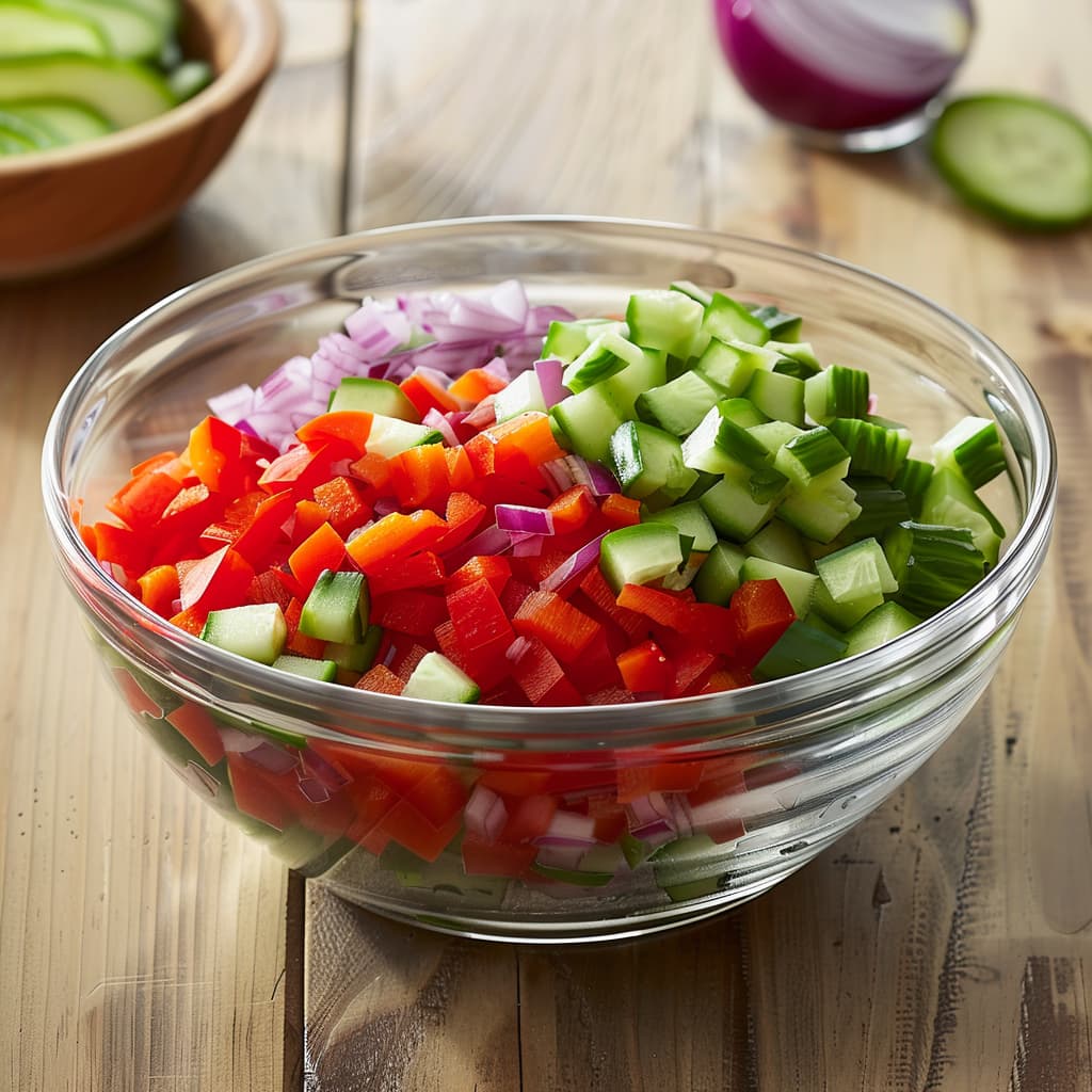 Diced cucumber, bell pepper and onion served in a bowl