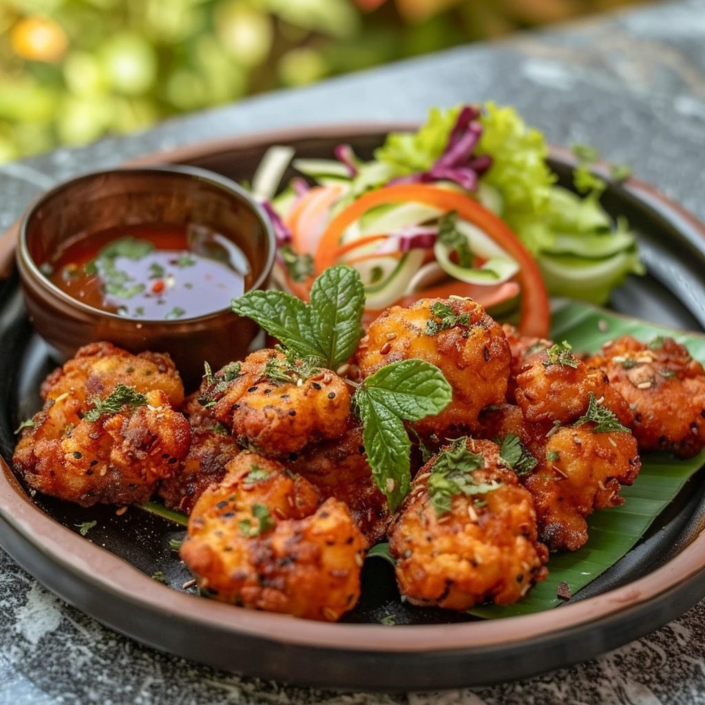 Fried chicken garnished with mint leaves is served with chutney and salad