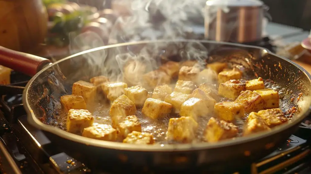 Frying paneer with olive oil on the pan