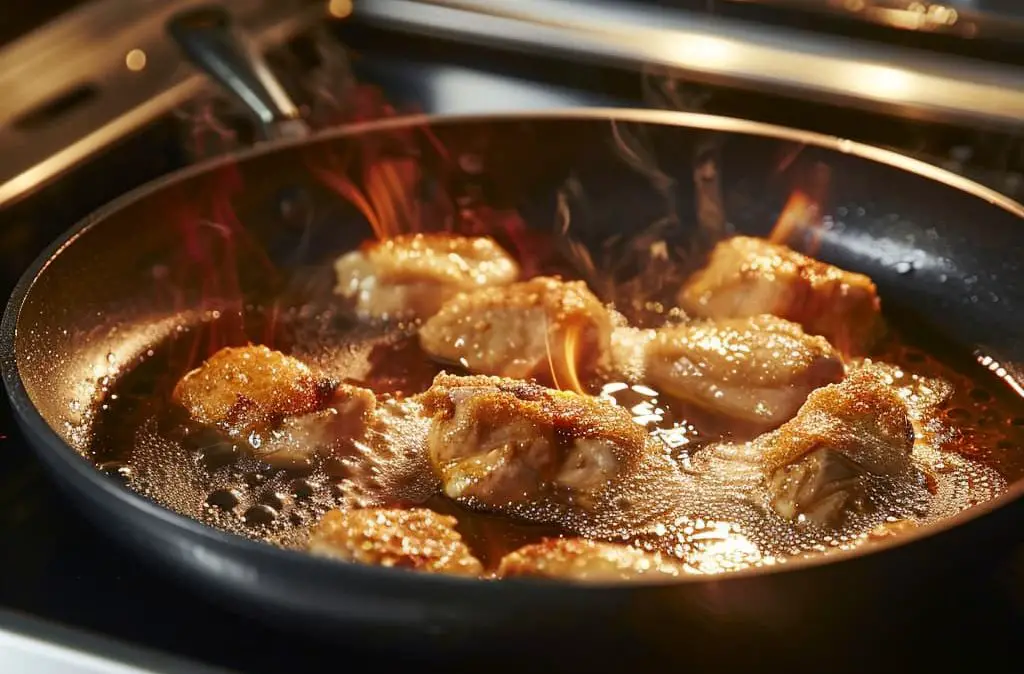 Frying chicken in a pan