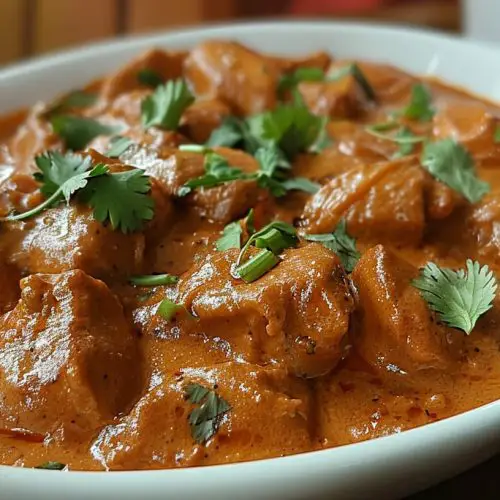 Indian Chicken Butter Masala Gravy served in a dish garnished with cilantro leaves