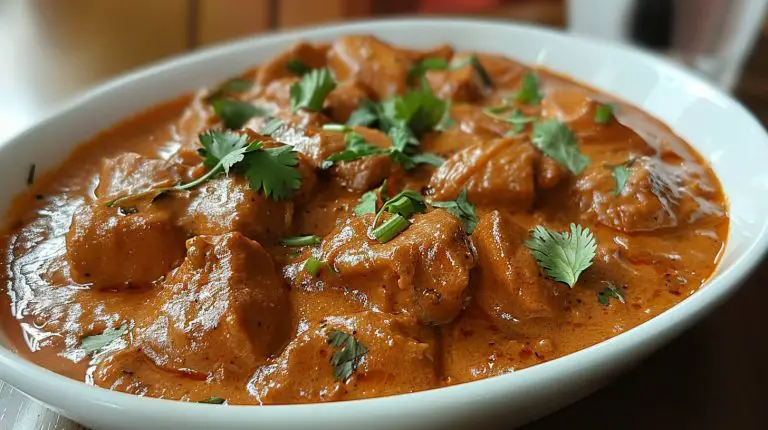 Indian Chicken Butter Masala Gravy served in a dish garnished with cilantro leaves