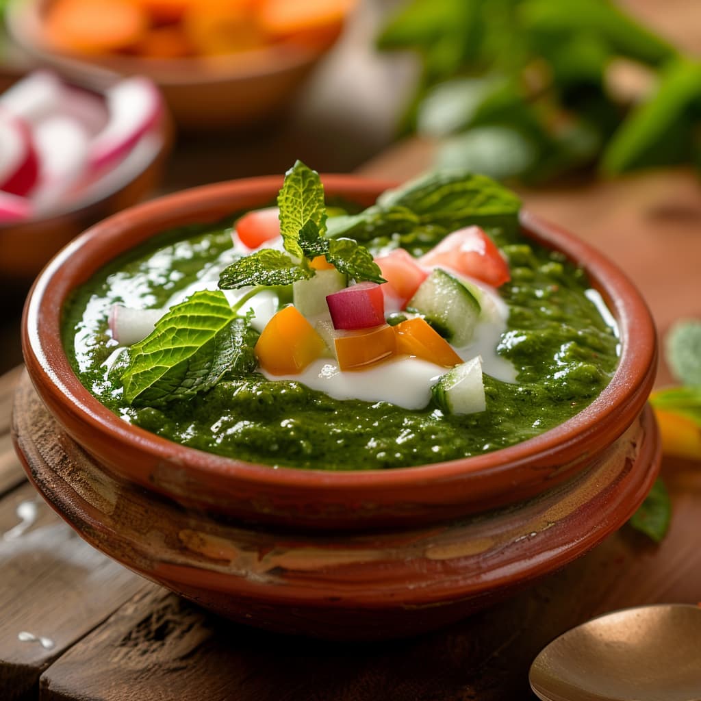 Mint chutney served in a bowl and garnished with chopped carrots