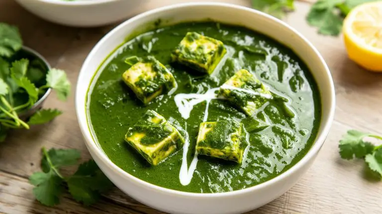 Palak Paneer Curry Recipe Served on a white bowl garnished with cream and cilantro leaves