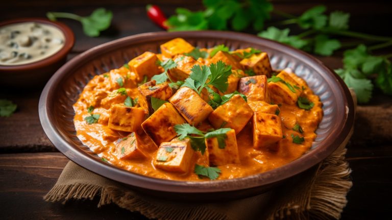 Paneer Tikka Masala decorated with cilantro leaves presented on a dish on the kitchen tabletop