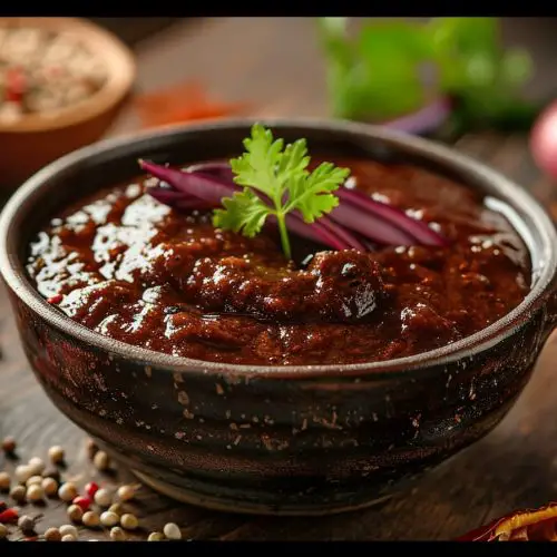 Tamarind chutney served with garnish in a bowl