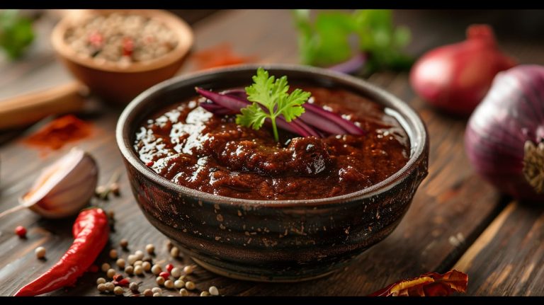 Tamarind chutney served with garnish in a bowl