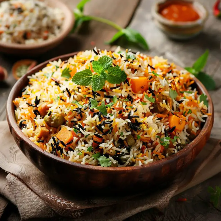 Veg Biriyani made of mixed vegetables and garnished with min leaves