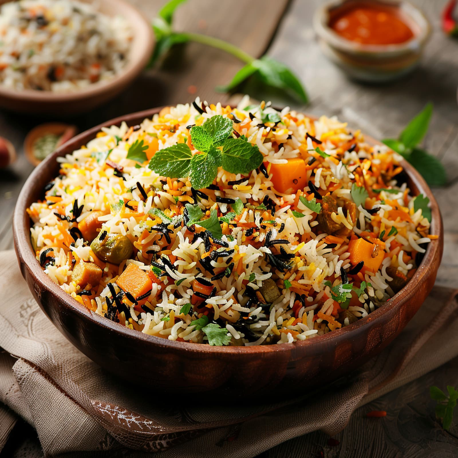 Veg Biriyani made of mixed vegetables and garnished with min leaves