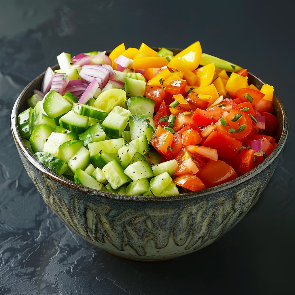 a big bowl with Chopped cucumber red bell pepper cherry tomatoes and red onion