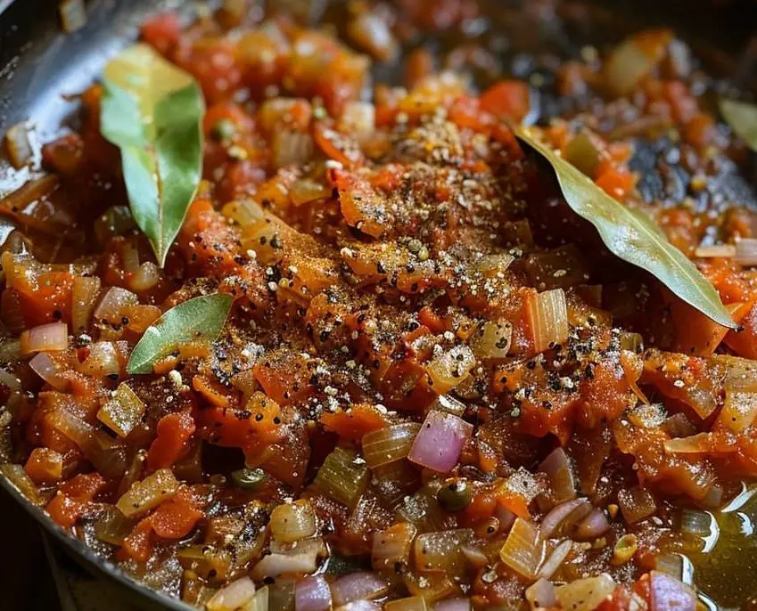 in a pan onion pieces are simmered with tomato and spices