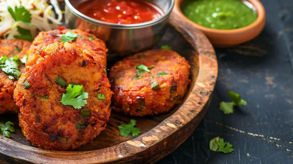 Aloo tikki served with mint and tomato chutney