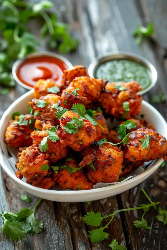 Chicken pakora garnished with cilantro leaved served in a dish