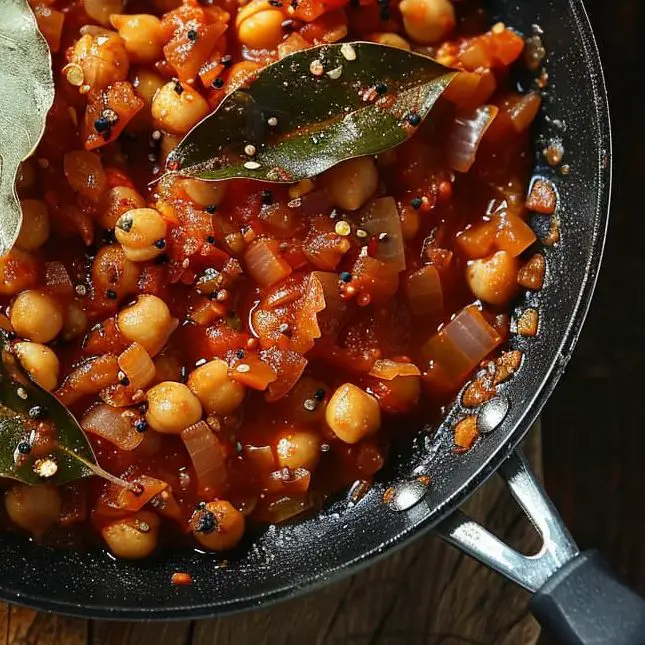 Chickpeas with tomatoes and onions on pan