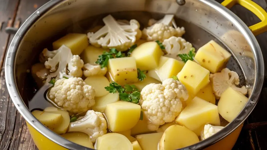 Chopped potatoes and cauliflower in a bowl