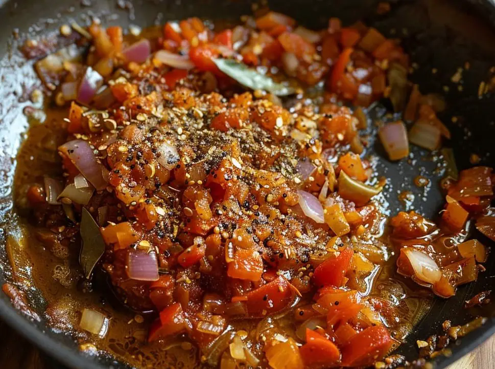 Crushed tomato and onions in a pan with spices