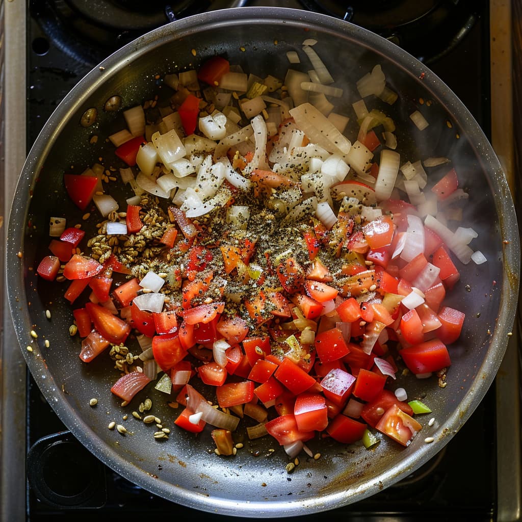 Diced tomatoes and chopped onions in a pan