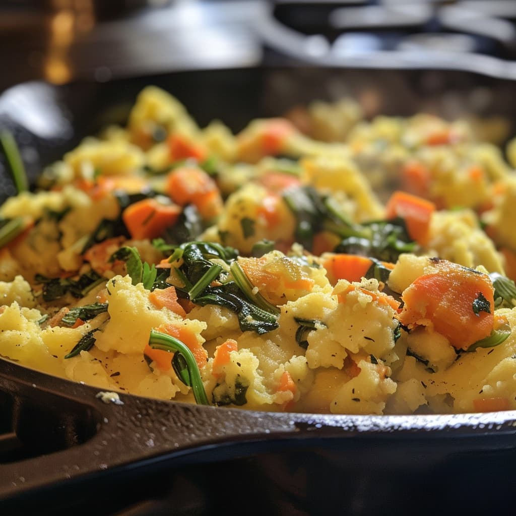 Mashed potatoes with chopped veggies in a pan