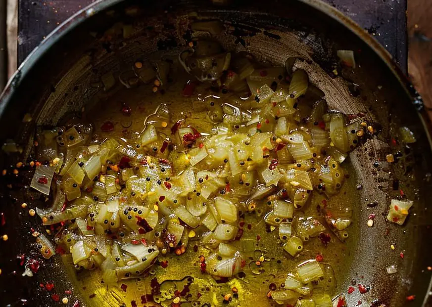 Onion and spices saute in a pan