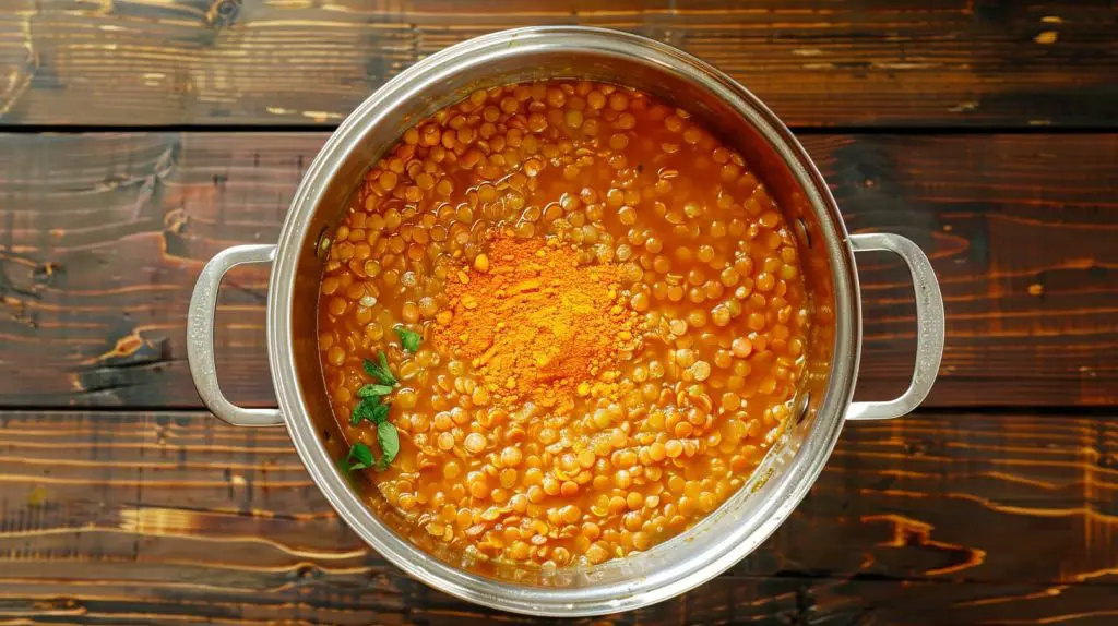 Red masoor dal in a pot with turmeric and salt 