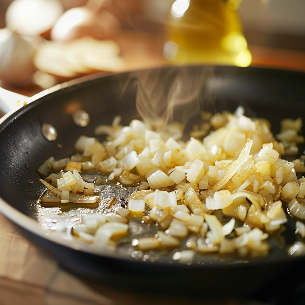 Sizzling onion in olive oil on a pan