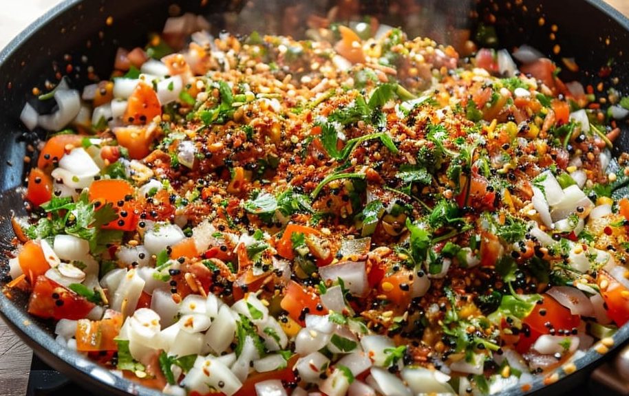 tomatoes onions and spices cooking on a pan