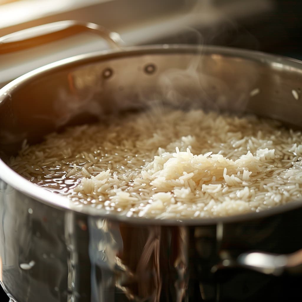 A large pot with 2:1 water and rice ratio where the rice is under water on induction cooker