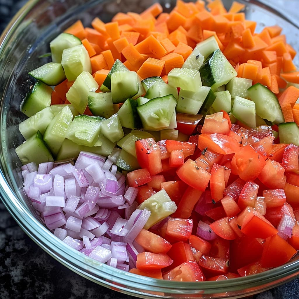 Diced cucumbers and tomatoes, ensuring to remove the seeds in a bowl along with Peeled and grated carrots, and finely chopped red onion