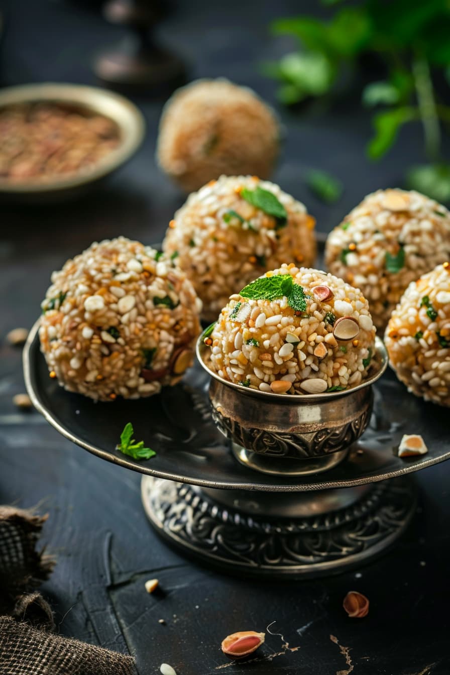 Indian Til Seasome seeds Laddu garnished with cilantro leaves