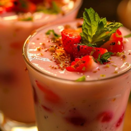 Indian Yummy Strawberry Lassi, with mint leaves