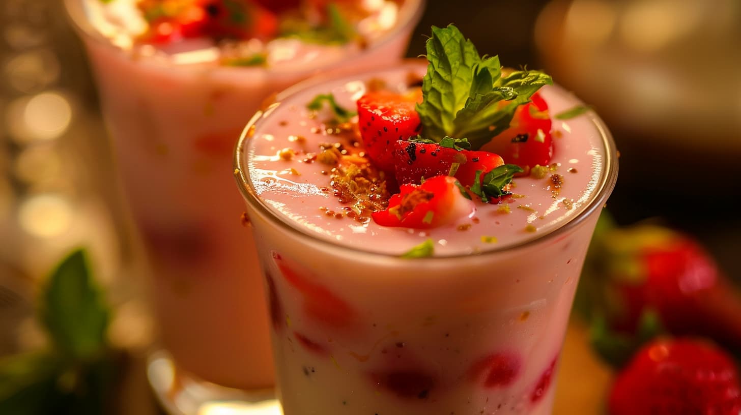 Indian Yummy Strawberry Lassi, with mint leaves