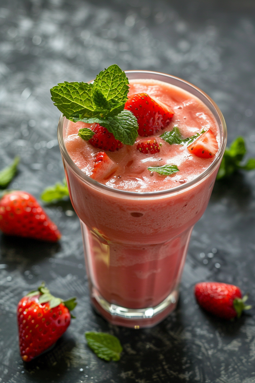 Indian Strawberry Lassi, with mint leaves