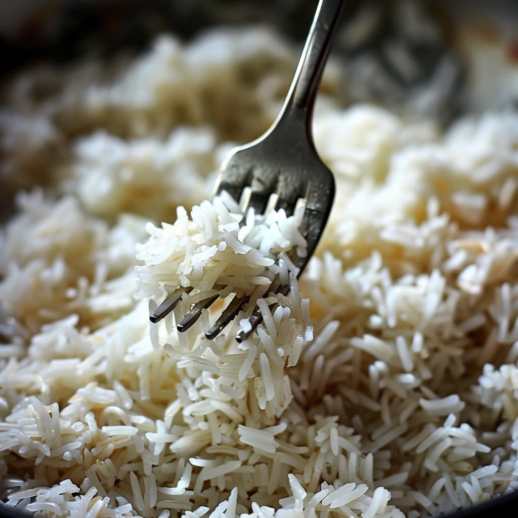 fluff the Basmati cooked rice with a fork to separate the grains