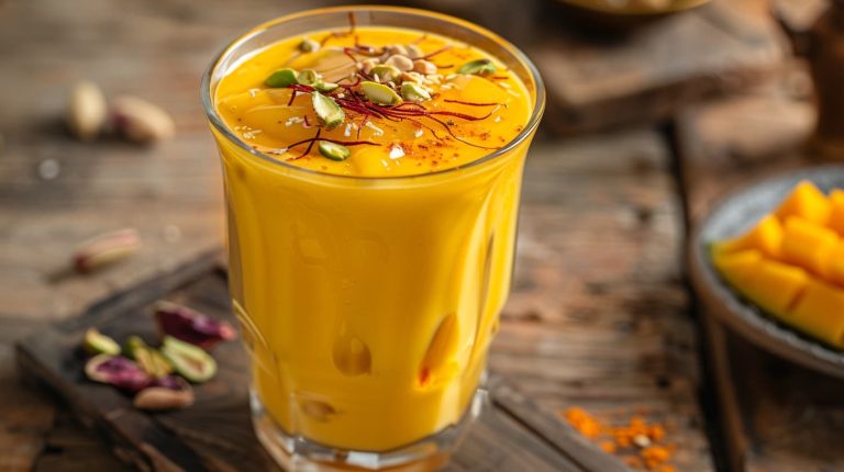 In a big glass blended mango lassi made of ripe mangoes