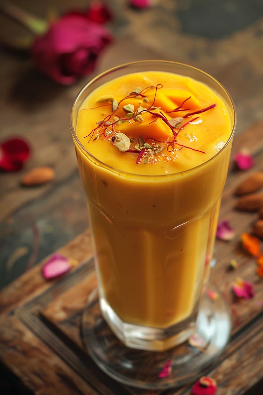 In a big glass blended mango lassi made of ripe mangoes, plain yogurt, honey, ground cardamom, rose syrup, and ice cubes are there garnished with saffron strands and crushed or sliced pistachios or almonds