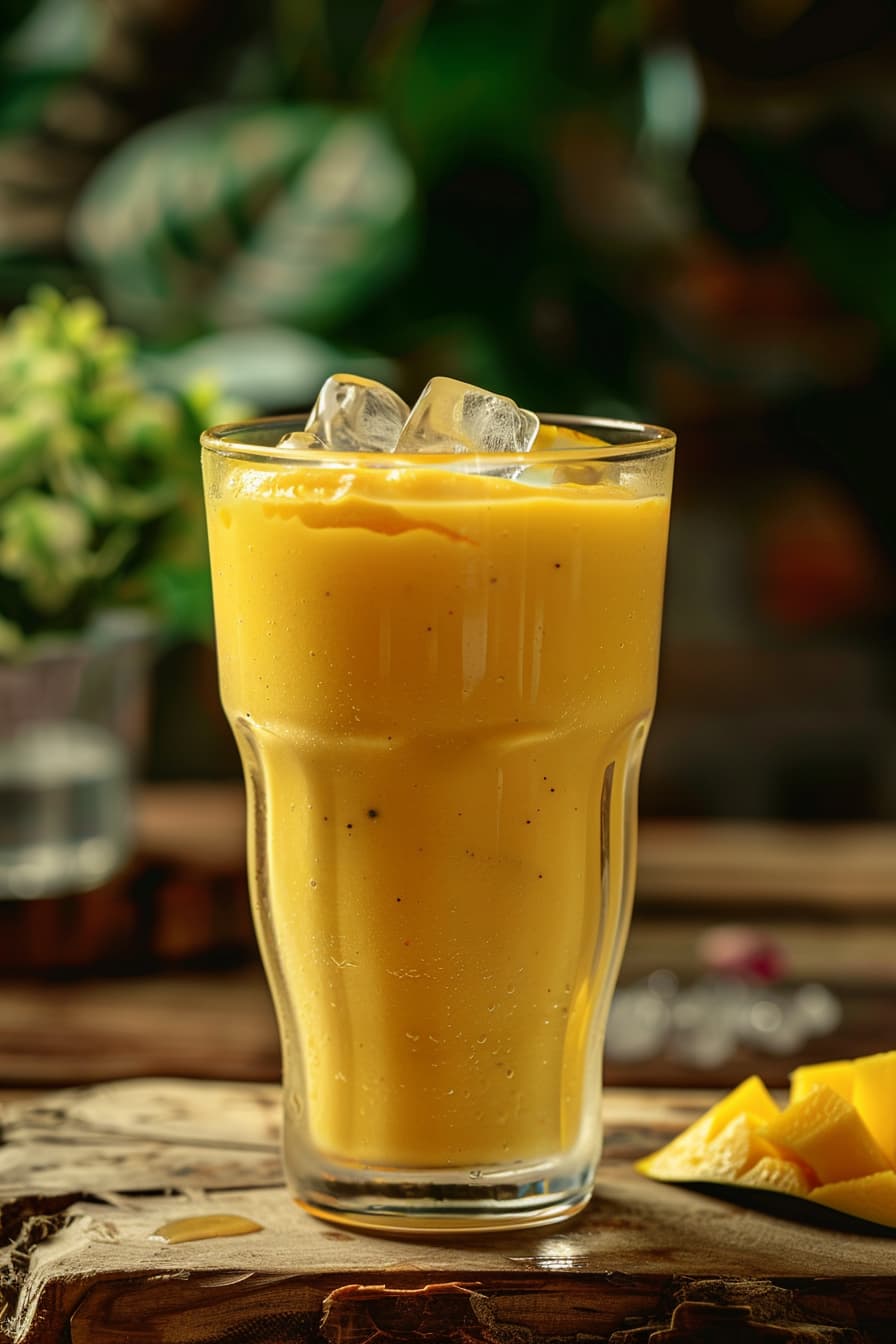 a big glass with blended ripe mangoes, plain yogurt