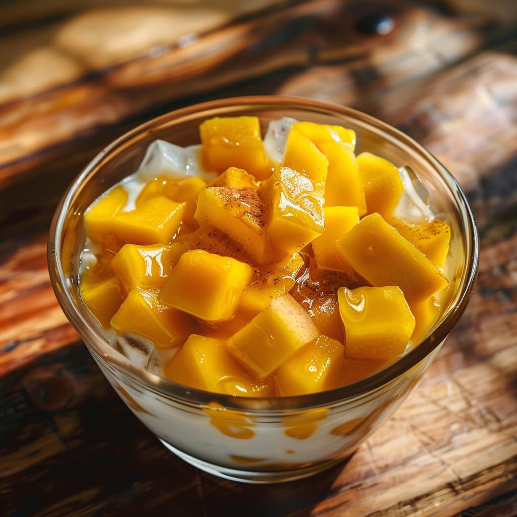 In a glass big bowl diced ripe mangoes, plain yogurt, honey, ground cardamom, rose syrup, and ice cubes are there