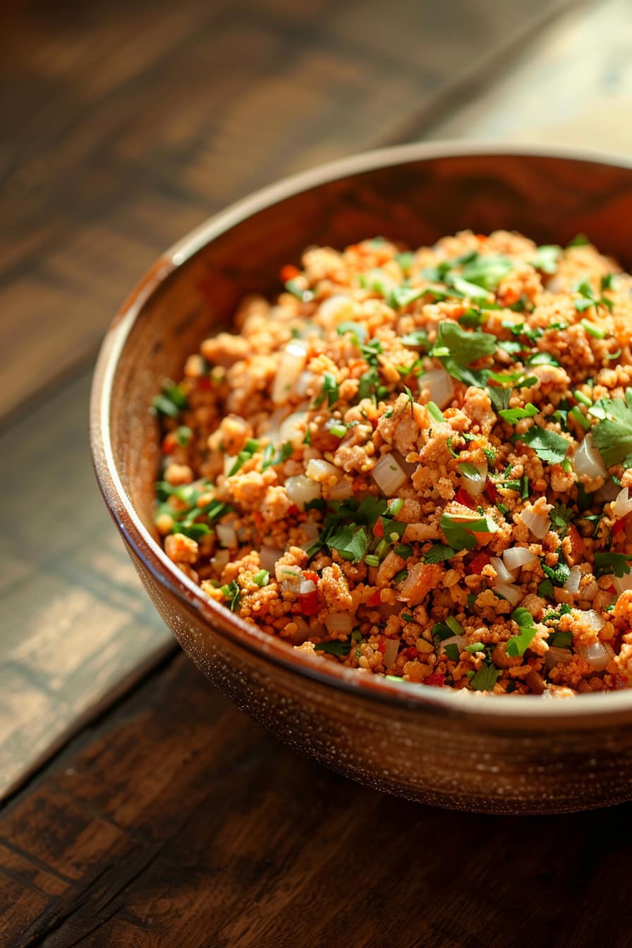 In a large bowl, all combined raw ground chicken, chopped onion, garlic, ginger, garam masala, cumin, turmeric, salt, cilantro, and egg